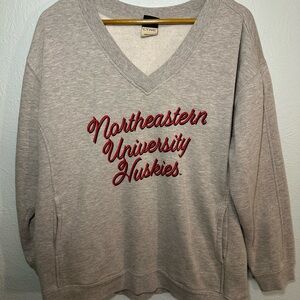 V Neck Northeastern Huskies Women’s Heather Gray Sweatshirt with Pockets!